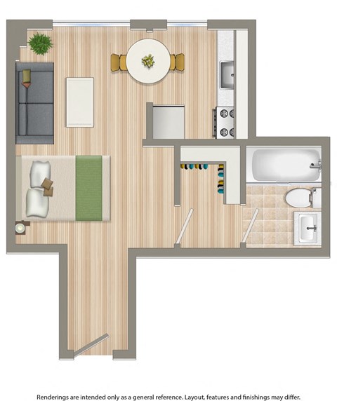 Floor plan for studio, 1 bath, 281 sqft